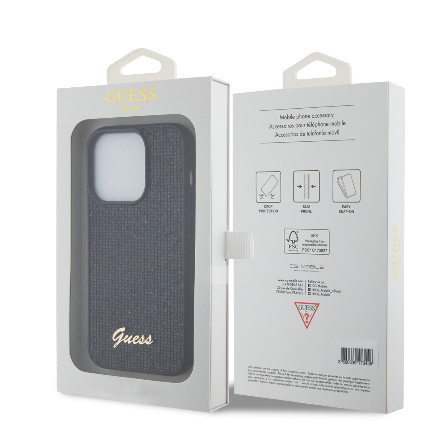 Case Guess Lentejuela con Logo Metálico para iPhone 15 Pro Negro - Elegancia y Protección