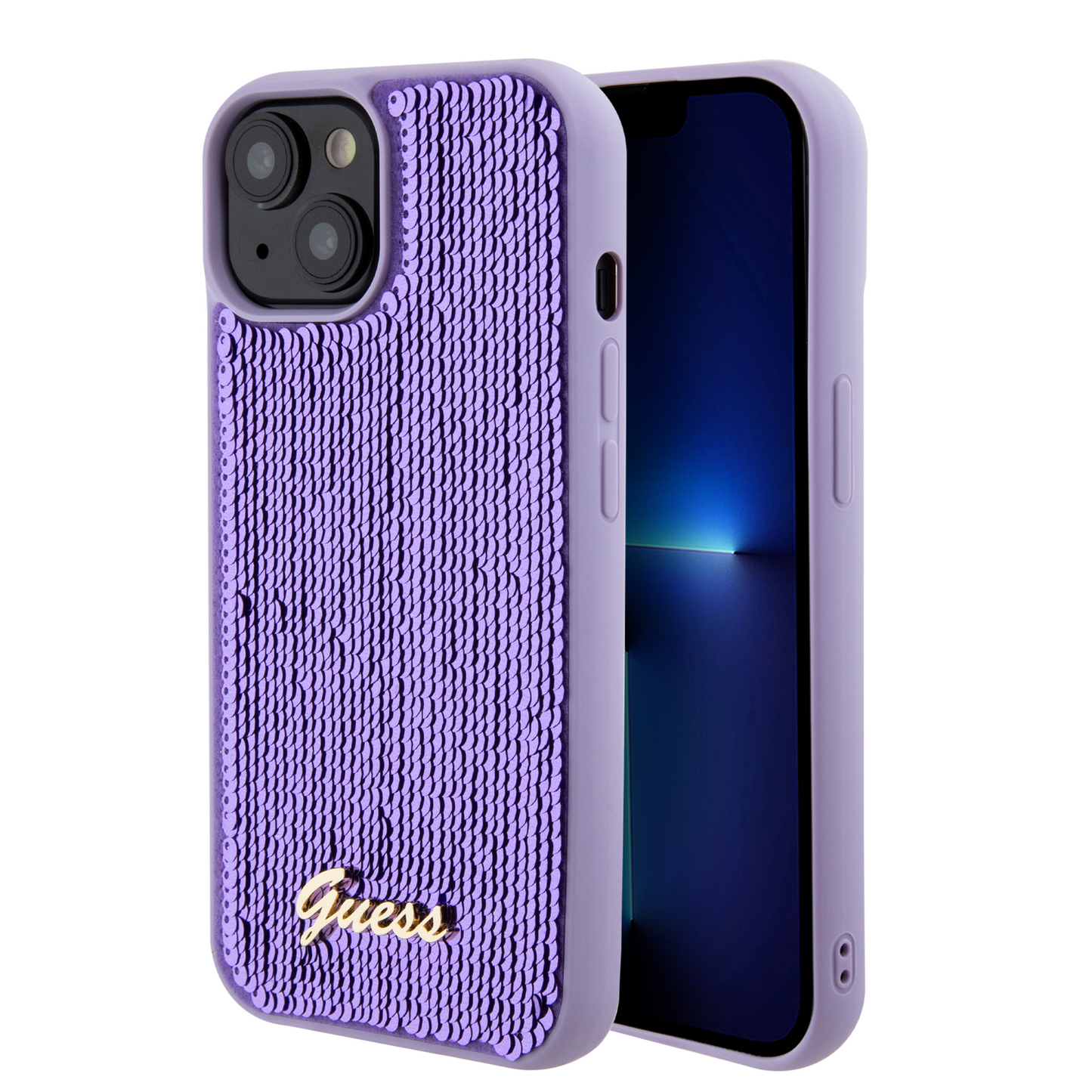 Case Guess Lentejuela Logo Clásico para iPhone 15 - Morado Glamuroso y Elegante