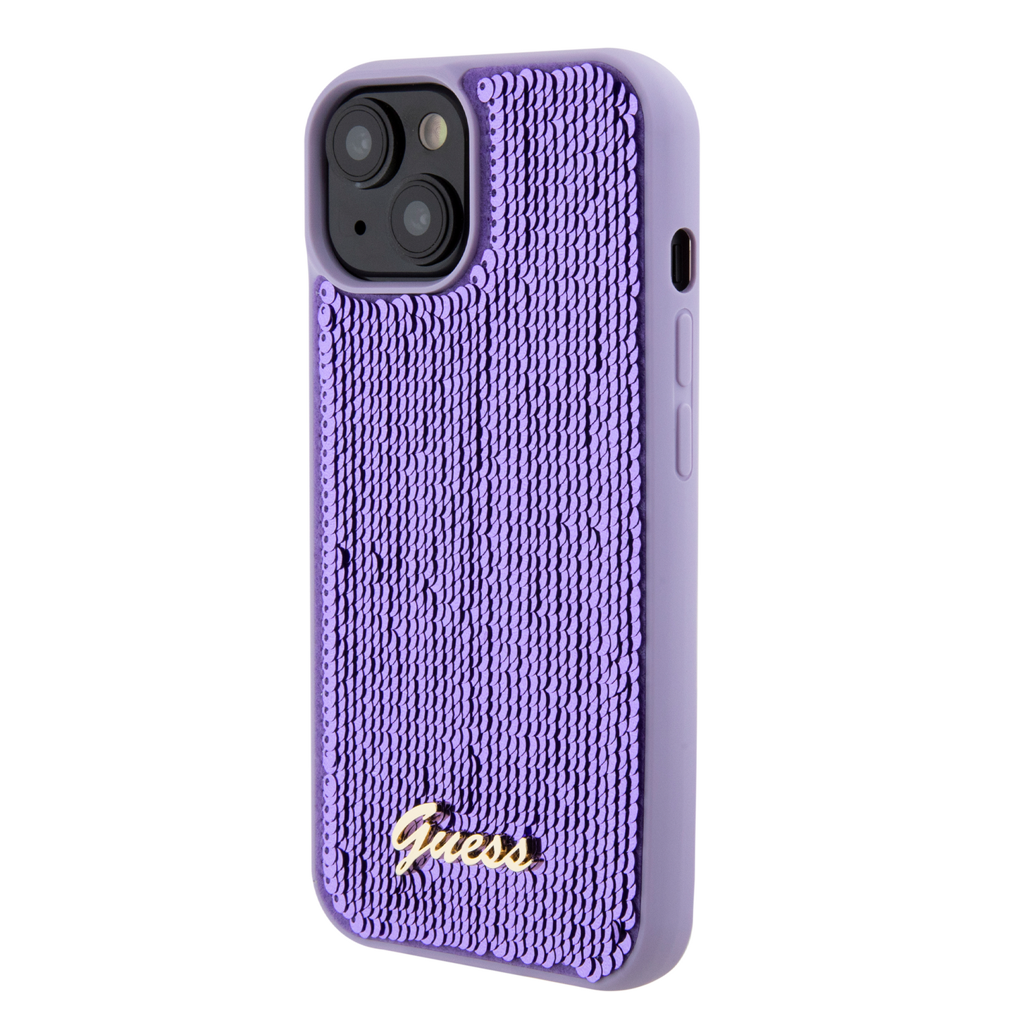 Case Guess Lentejuela Logo Clásico para iPhone 15 - Morado Glamuroso y Elegante