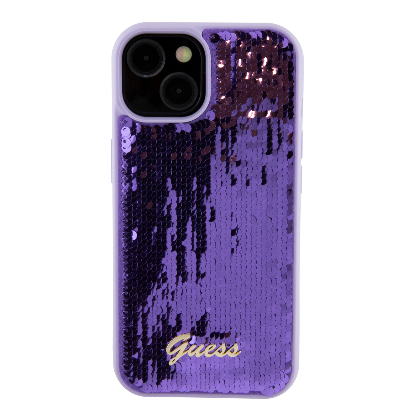 Case Guess Lentejuela Logo Clásico para iPhone 15 - Morado Glamuroso y Elegante