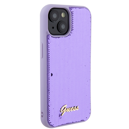 Case Guess Lentejuela Logo Clásico para iPhone 15 - Morado Glamuroso y Elegante