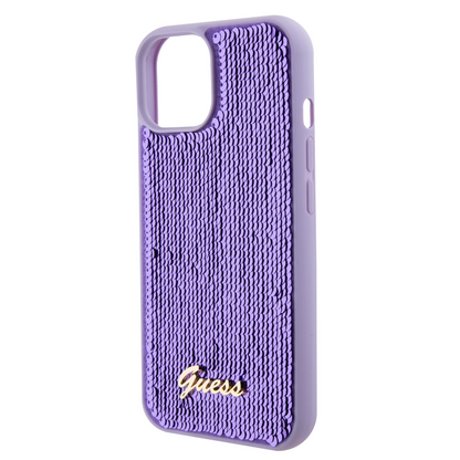 Case Guess Lentejuela Logo Clásico para iPhone 15 - Morado Glamuroso y Elegante