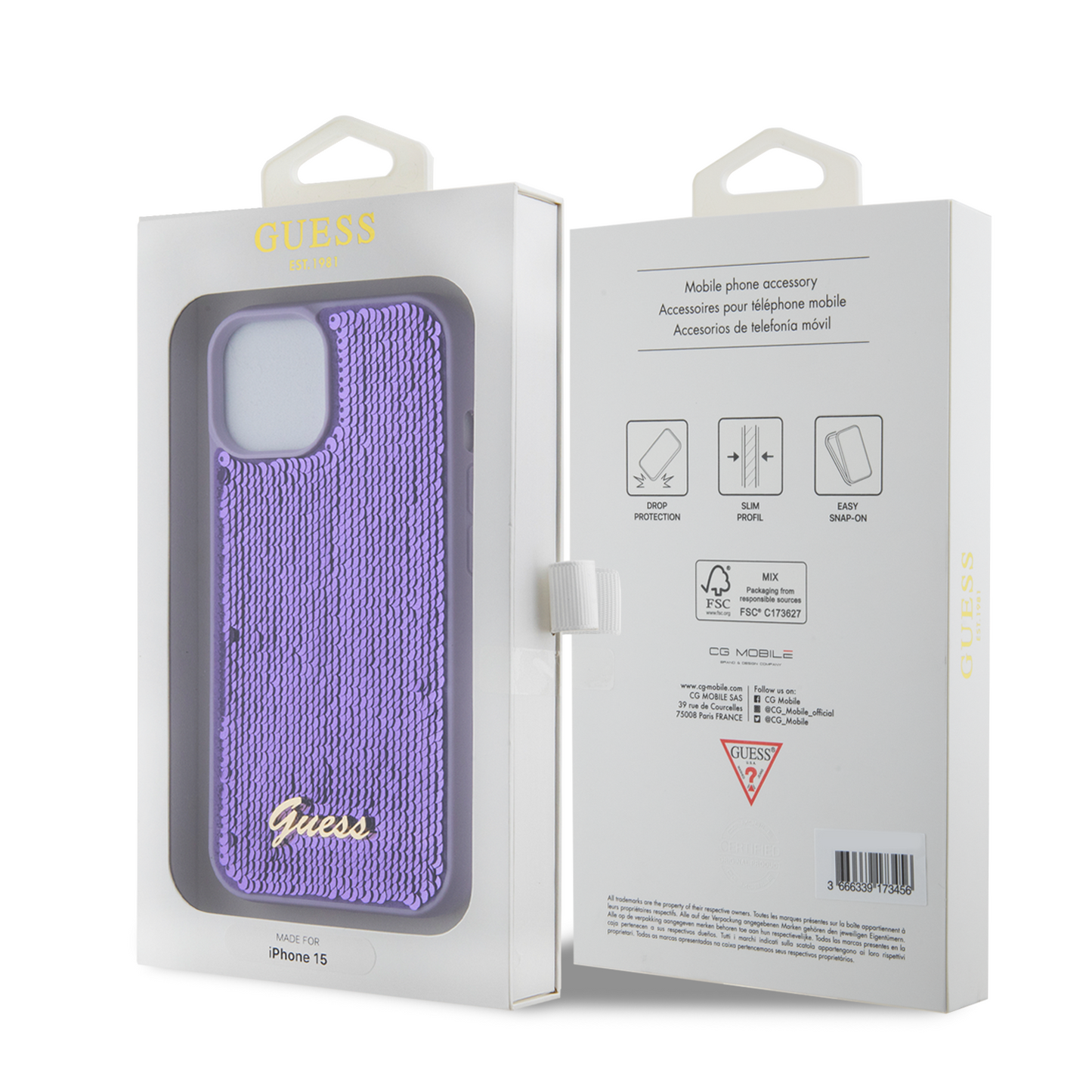 Case Guess Lentejuela Logo Clásico para iPhone 15 - Morado Glamuroso y Elegante