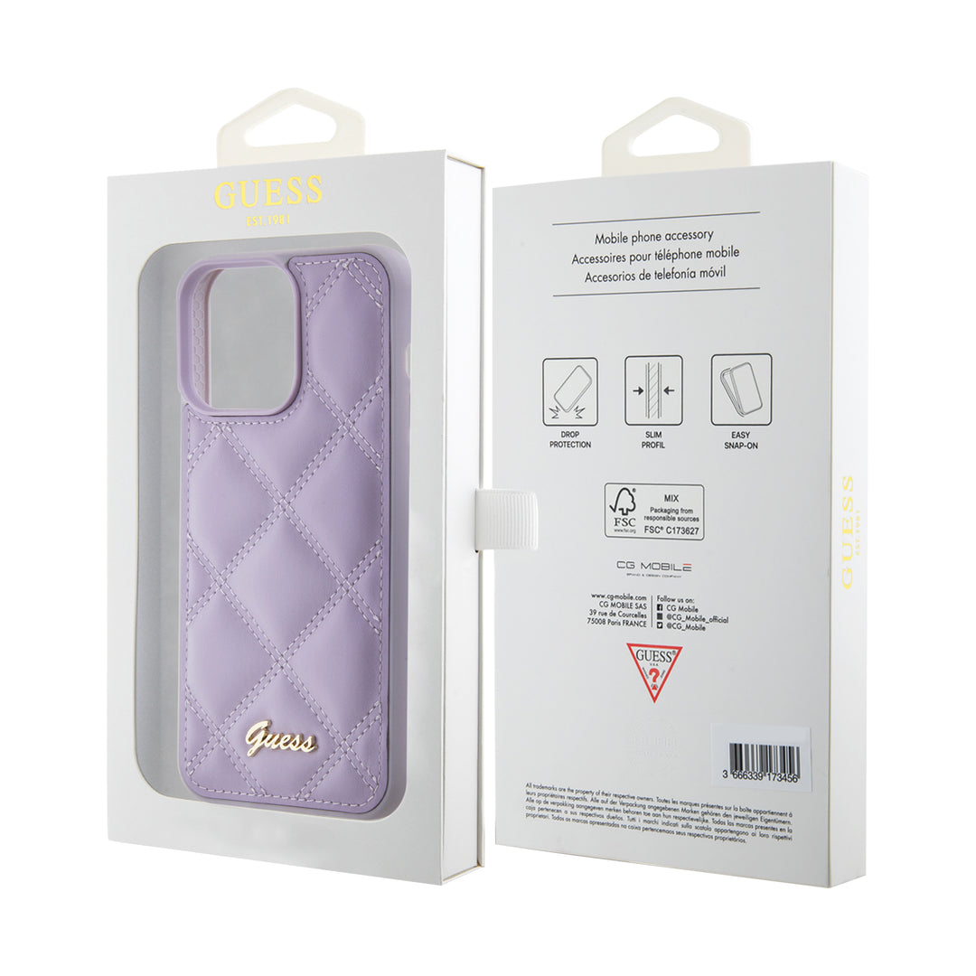 Funda Guess Acolchado para iPhone 15 Pro Max - Morado con Logo Clásico