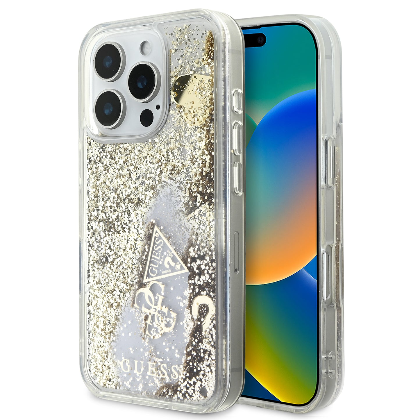 Case Guess TPU Glitter para iPhone 16 Pro - Dorado Brillante y Elegante