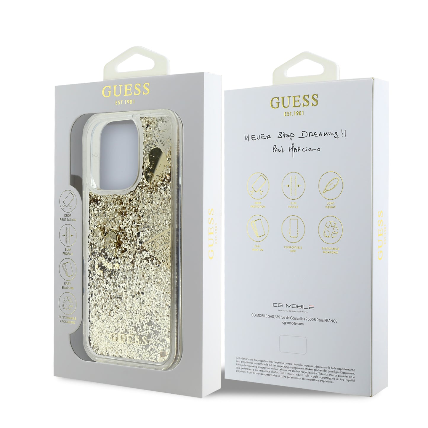 Case Guess TPU Glitter para iPhone 16 Pro - Dorado Brillante y Elegante