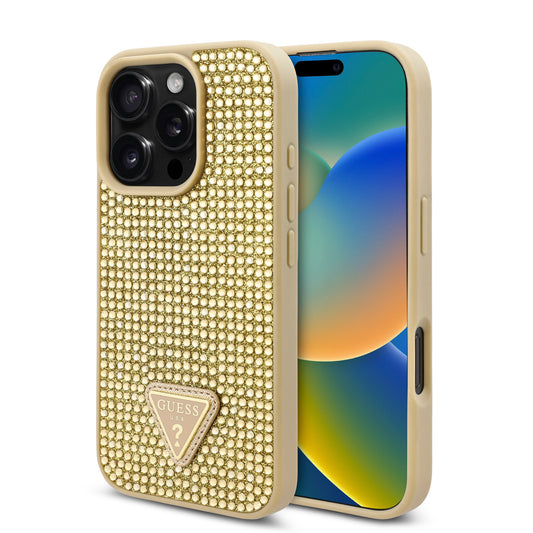 Case Guess Pedrería Logo Triángulo iPhone 16 Pro Max Dorado - Estilo y Elegancia