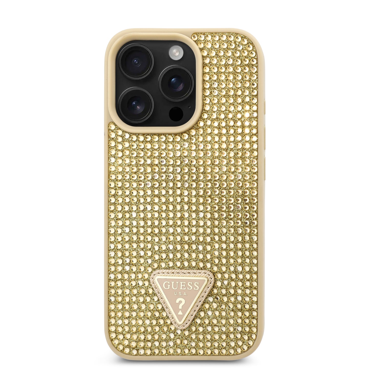 Case Guess Pedrería Logo Triángulo iPhone 16 Pro Dorado - Estilo y Elegancia