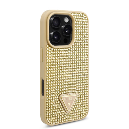 Case Guess Pedrería Logo Triángulo iPhone 16 Pro Dorado - Estilo y Elegancia