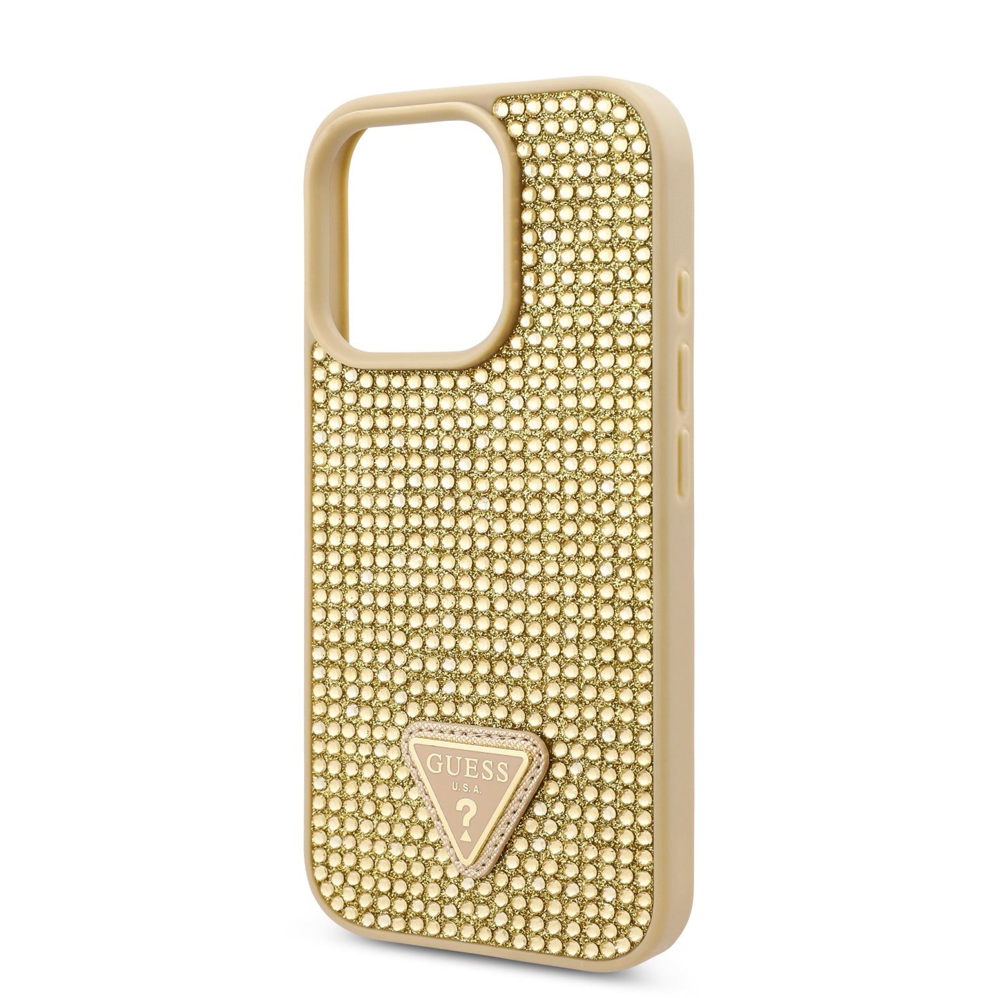 Case Guess Pedrería Logo Triángulo iPhone 16 Pro Max Dorado - Estilo y Elegancia