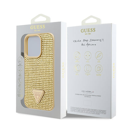 Case Guess Pedrería Logo Triángulo iPhone 16 Pro Dorado - Estilo y Elegancia