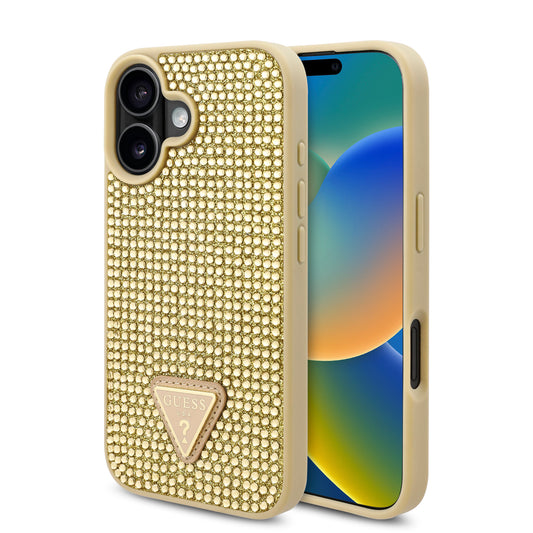 Case Guess Pedrería Logo Triángulo para iPhone 16 - Dorado Elegante