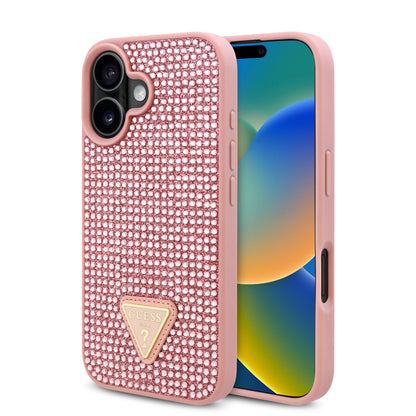 Case Guess Pedrería Logo Triángulo para iPhone 16 - Funda Rosa Elegante y Protectora