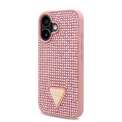 Case Guess Pedrería Logo Triángulo para iPhone 16 - Funda Rosa Elegante y Protectora