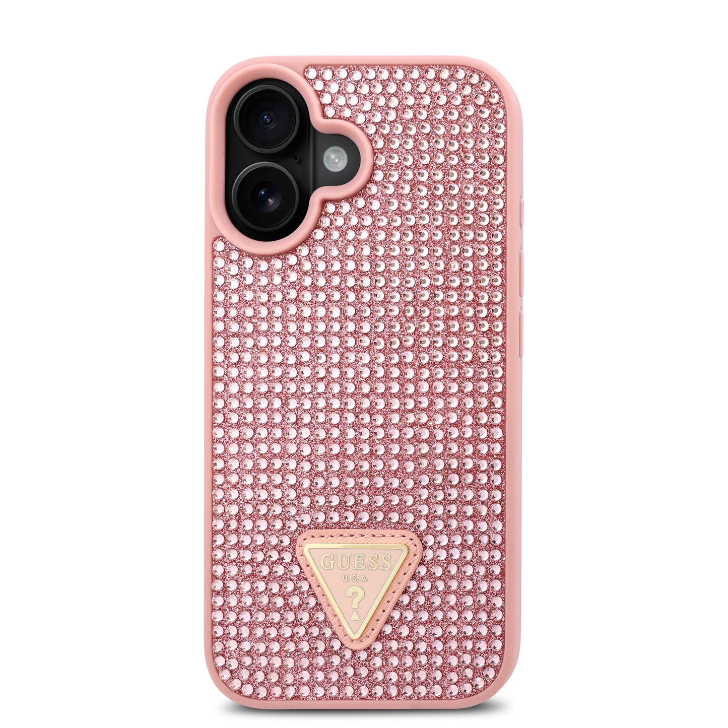 Case Guess Pedrería Logo Triángulo para iPhone 16 - Funda Rosa Elegante y Protectora