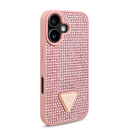 Case Guess Pedrería Logo Triángulo para iPhone 16 - Funda Rosa Elegante y Protectora