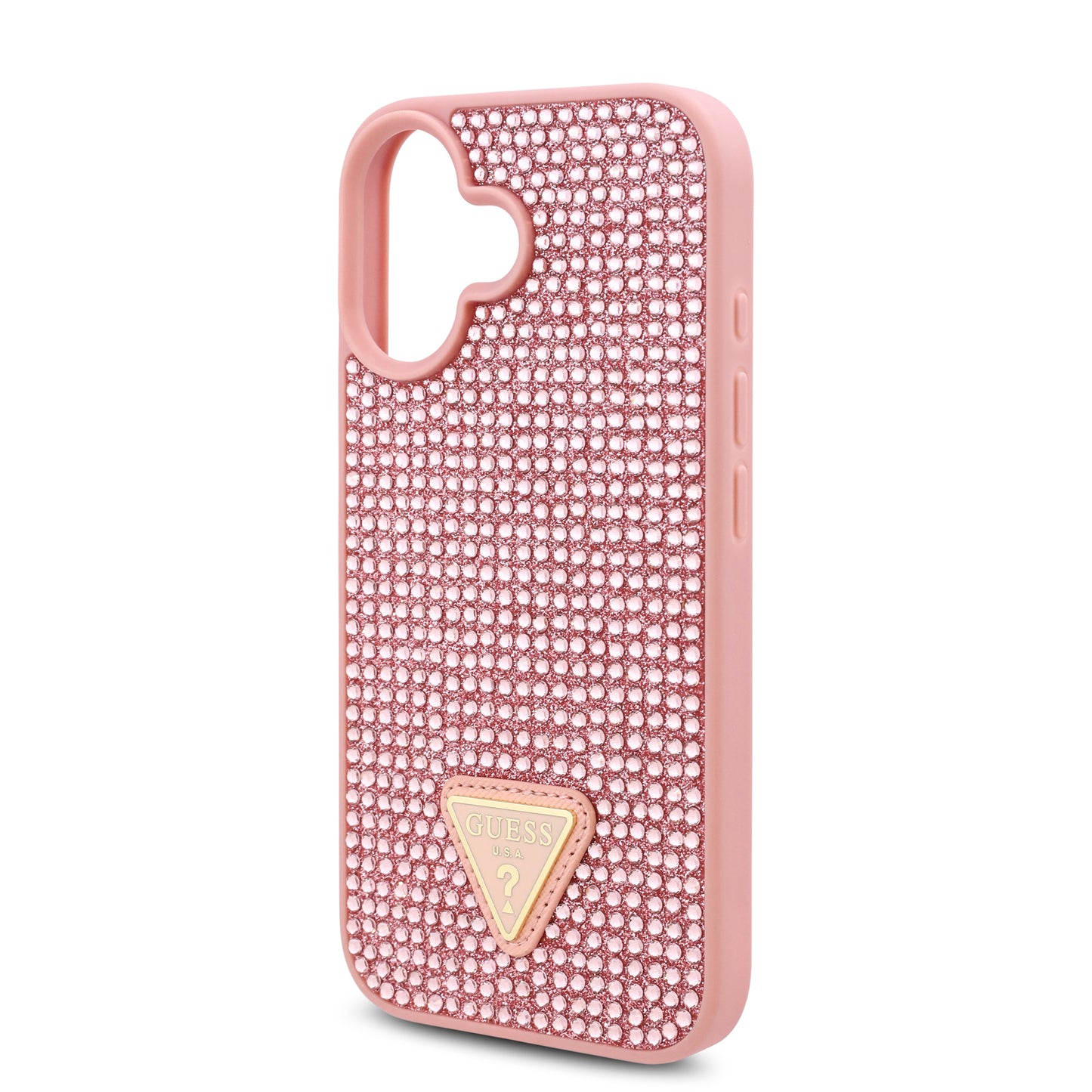 Case Guess Pedrería Logo Triángulo para iPhone 16 - Funda Rosa Elegante y Protectora