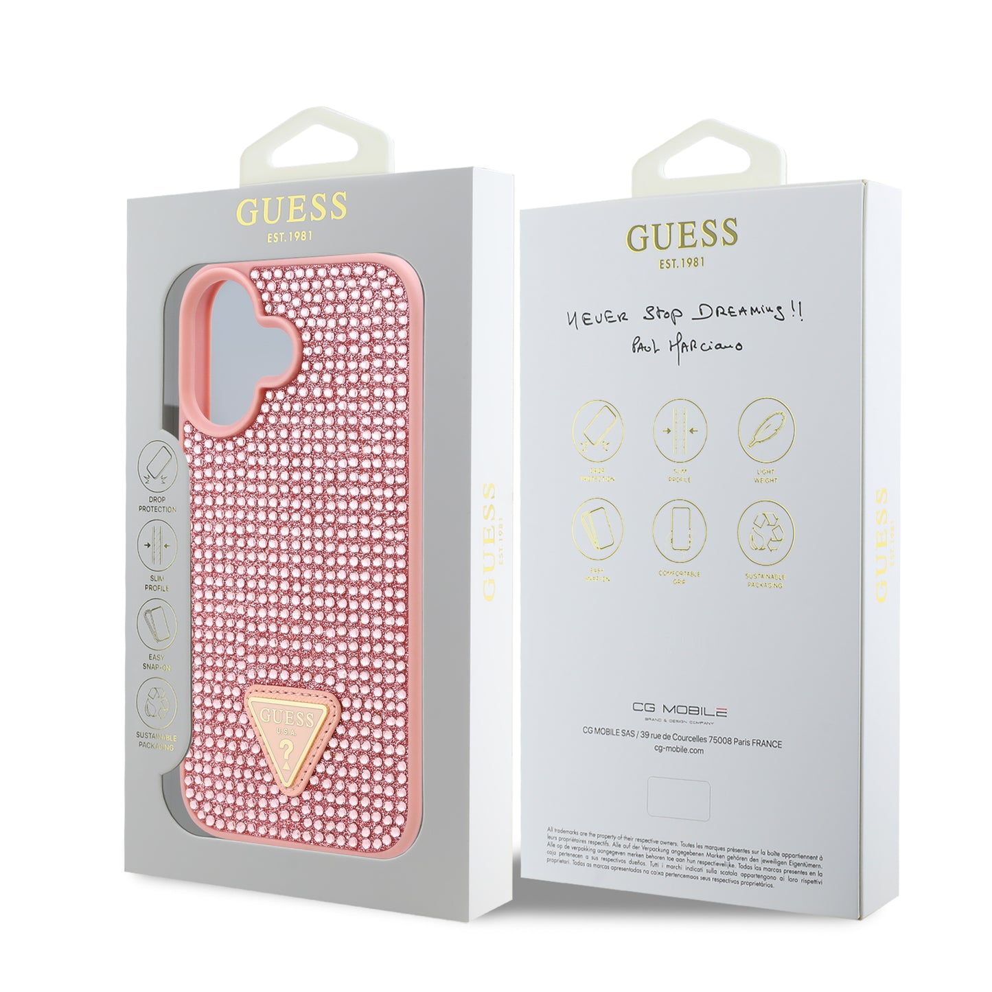 Case Guess Pedrería Logo Triángulo para iPhone 16 - Funda Rosa Elegante y Protectora