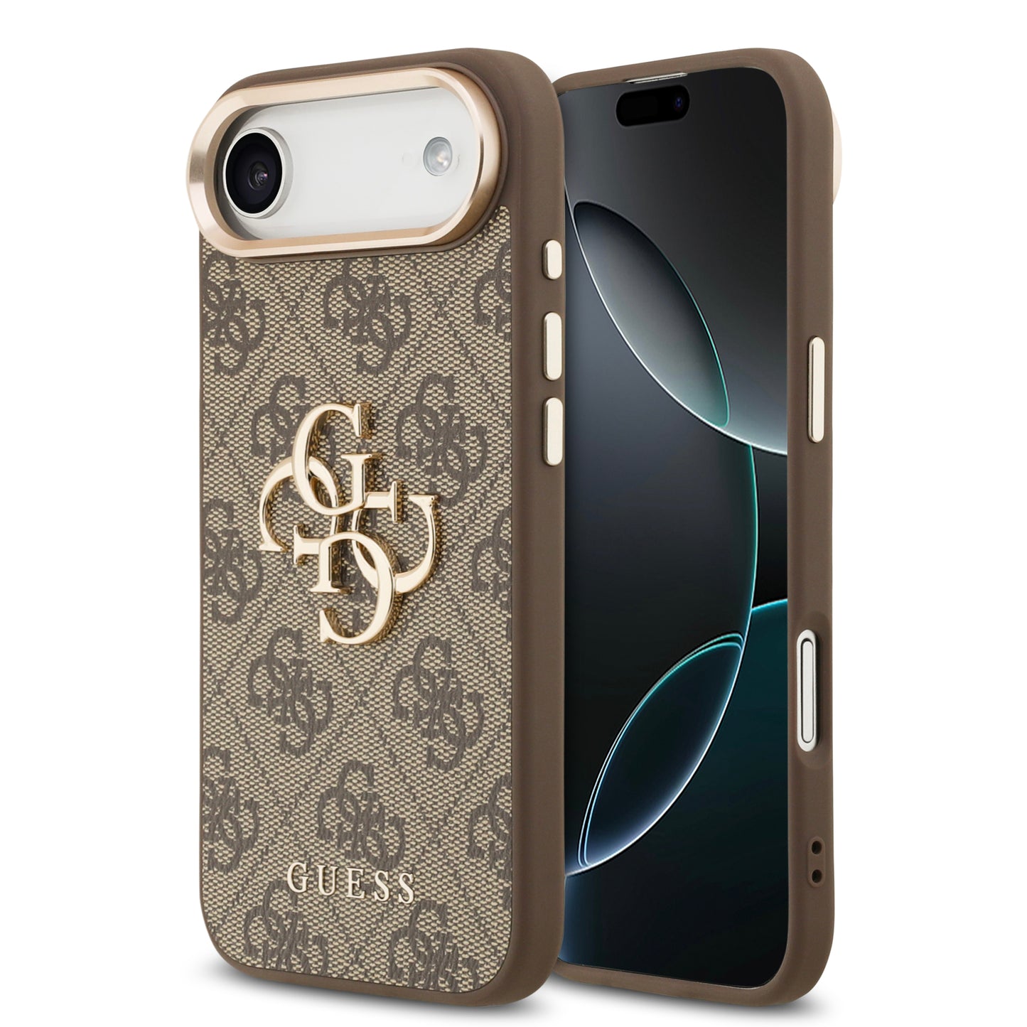 Funda Guess de Piel Café con Logo Grande Dorado 4G para iPhone 17 Air - Case Original de Lujo