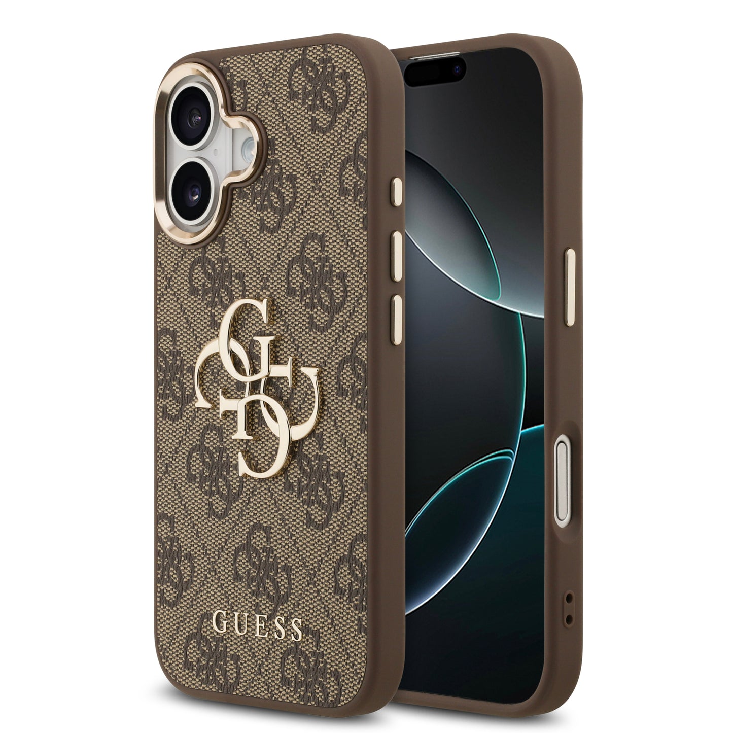Funda Guess de Piel Café con Logo Grande Dorado 4G para iPhone 17 | Case Original de Lujo