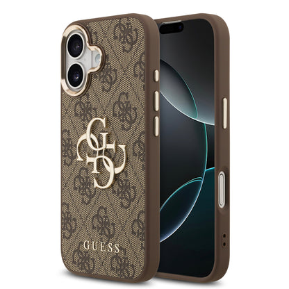 Funda Guess de Piel Café con Logo Grande Dorado 4G para iPhone 17 | Case Original de Lujo