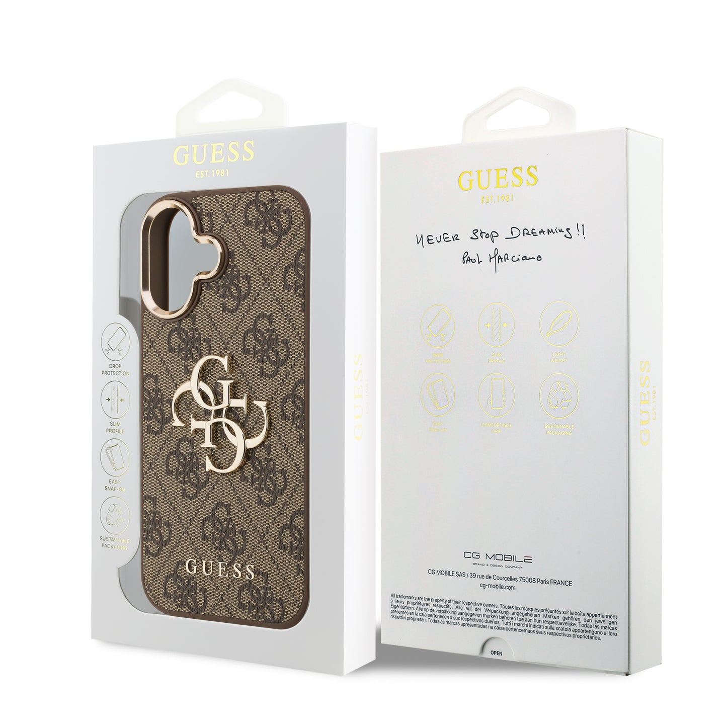 Funda Guess de Piel Café con Logo Grande Dorado 4G para iPhone 17 | Case Original de Lujo