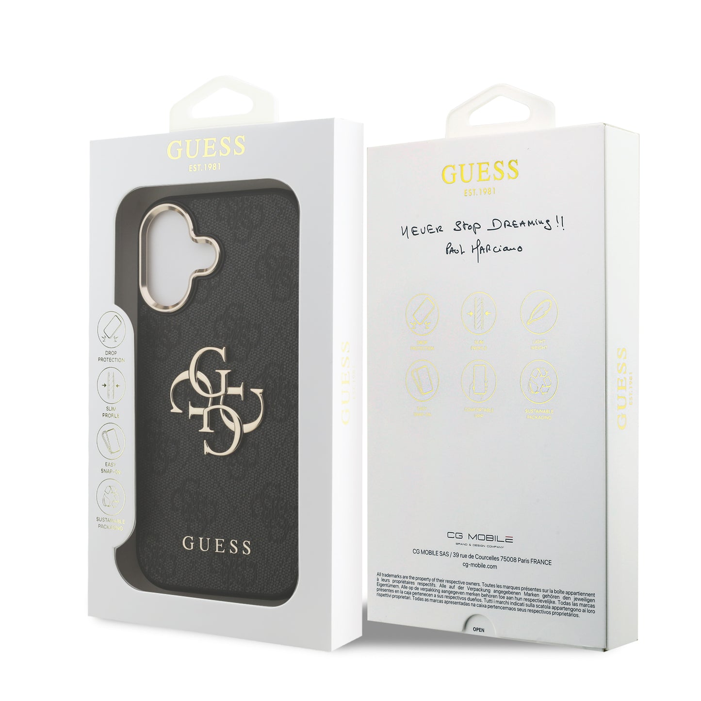 Funda Guess de Piel Negra con Logotipo Dorado Grande 4G para iPhone 17 - Case Original de Lujo