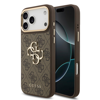 Funda Guess de Piel Café con Gran Logotipo 4G Dorado para iPhone 17 Pro Max | Case Original de Lujo