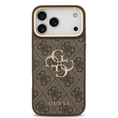 Funda Guess de Piel Café con Gran Logotipo 4G Dorado para iPhone 17 Pro | Case Original de Lujo