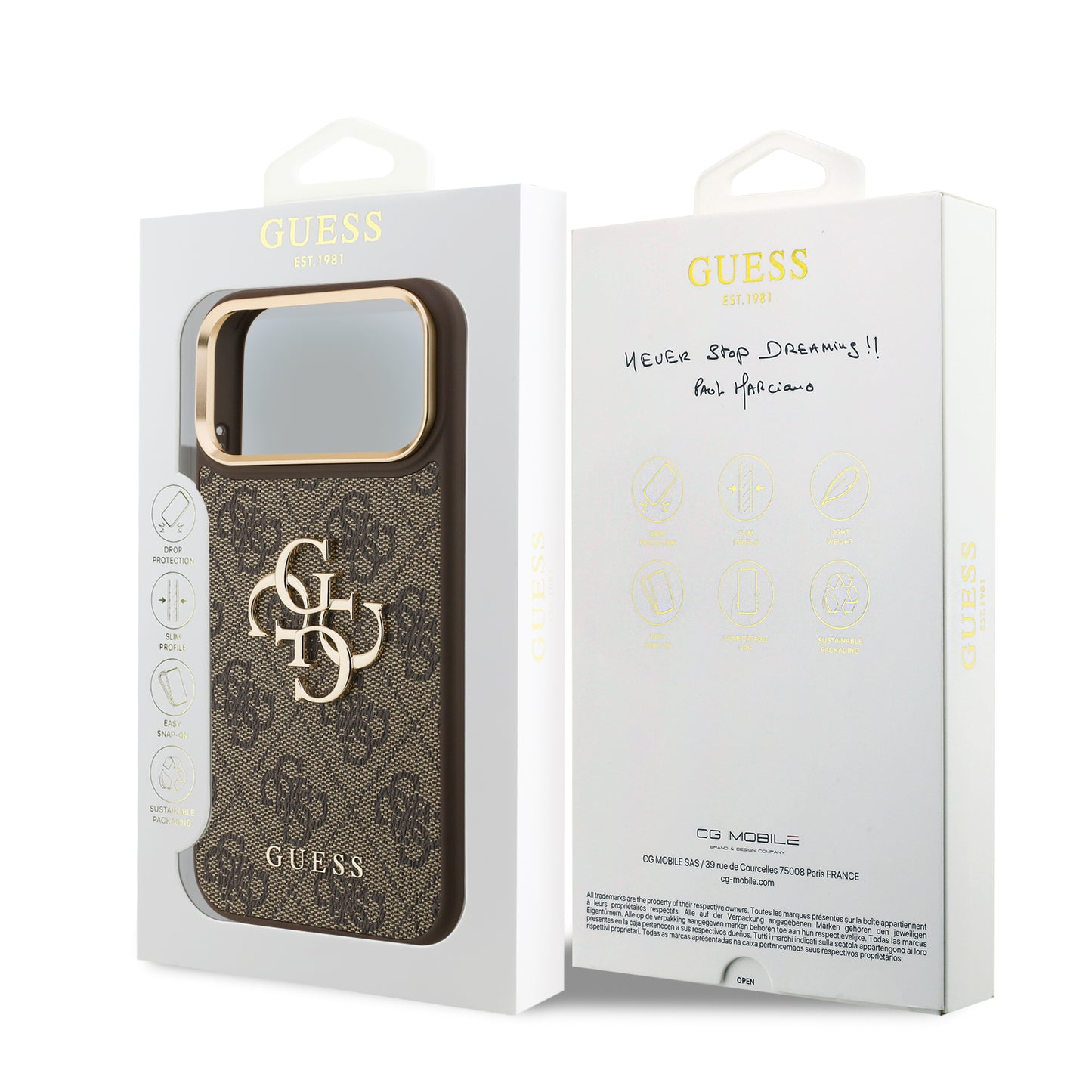 Funda Guess de Piel Café con Gran Logotipo 4G Dorado para iPhone 17 Pro | Case Original de Lujo