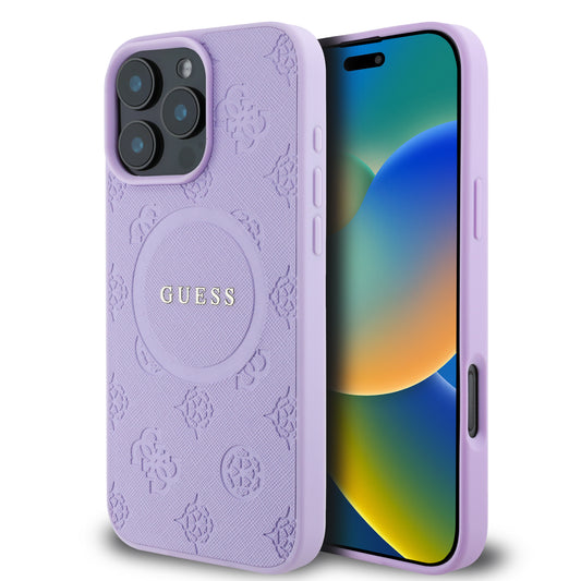 Case Guess Peony Logo Clásico para iPhone 16 Pro Max - Morado Elegante