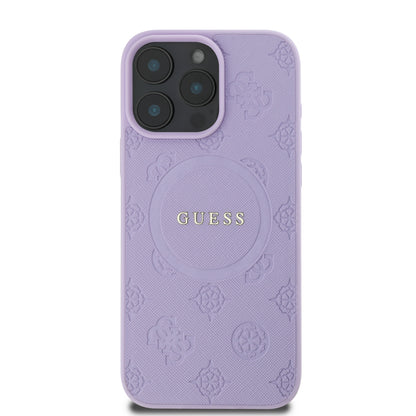 Case Guess Peony MGSF Logo Clásico para iPhone 16 Pro - Funda Morada Elegante