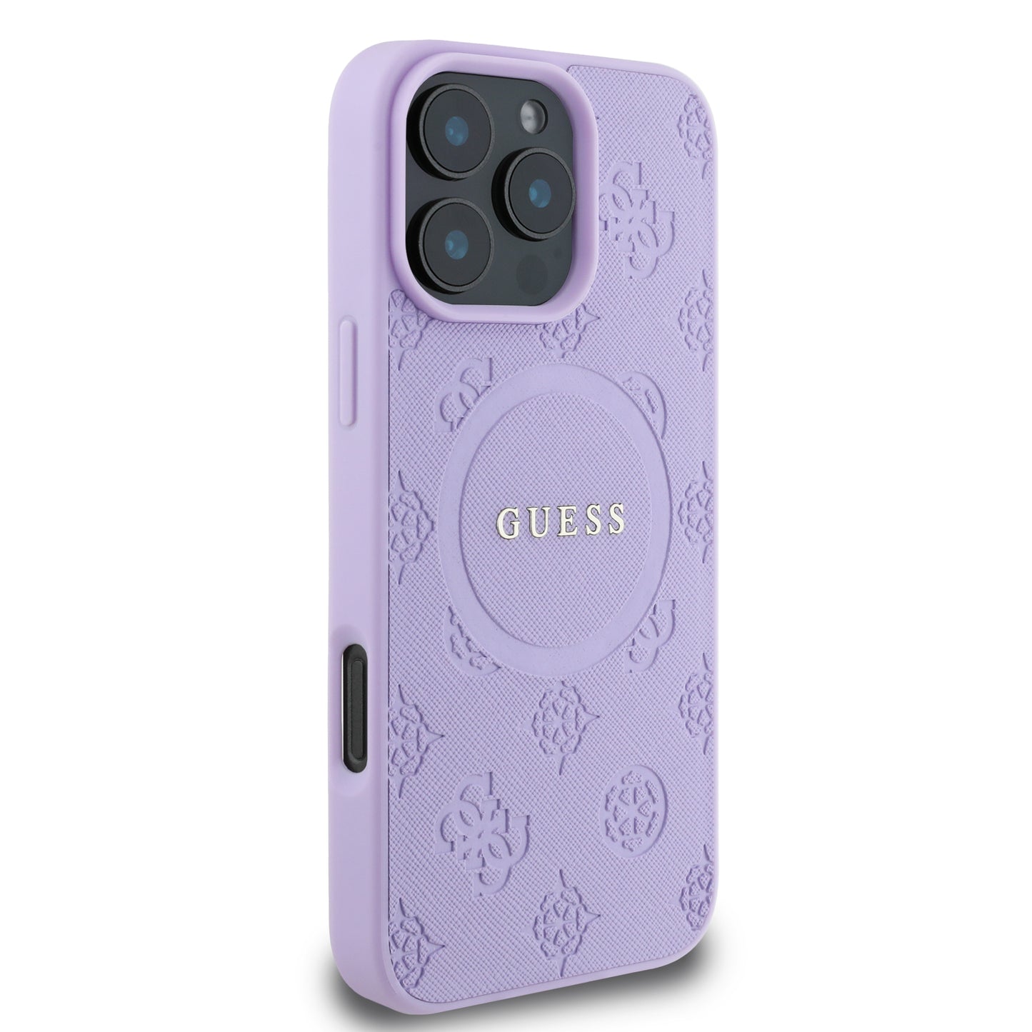 Case Guess Peony MGSF Logo Clásico para iPhone 16 Pro - Funda Morada Elegante