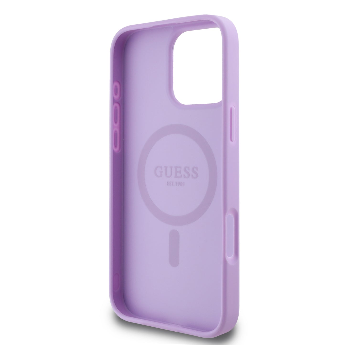 Case Guess Peony MGSF Logo Clásico para iPhone 16 Pro - Funda Morada Elegante