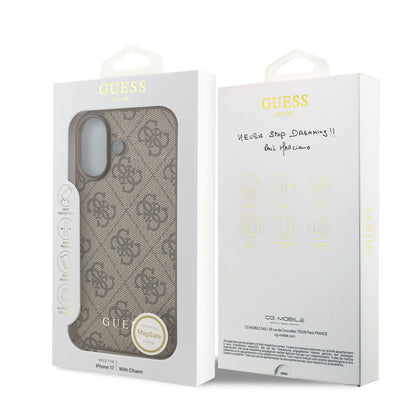 Funda Guess Charm Edition 4G PU Leather Café con Dije Metálico para iPhone 17 – Original y de Lujo