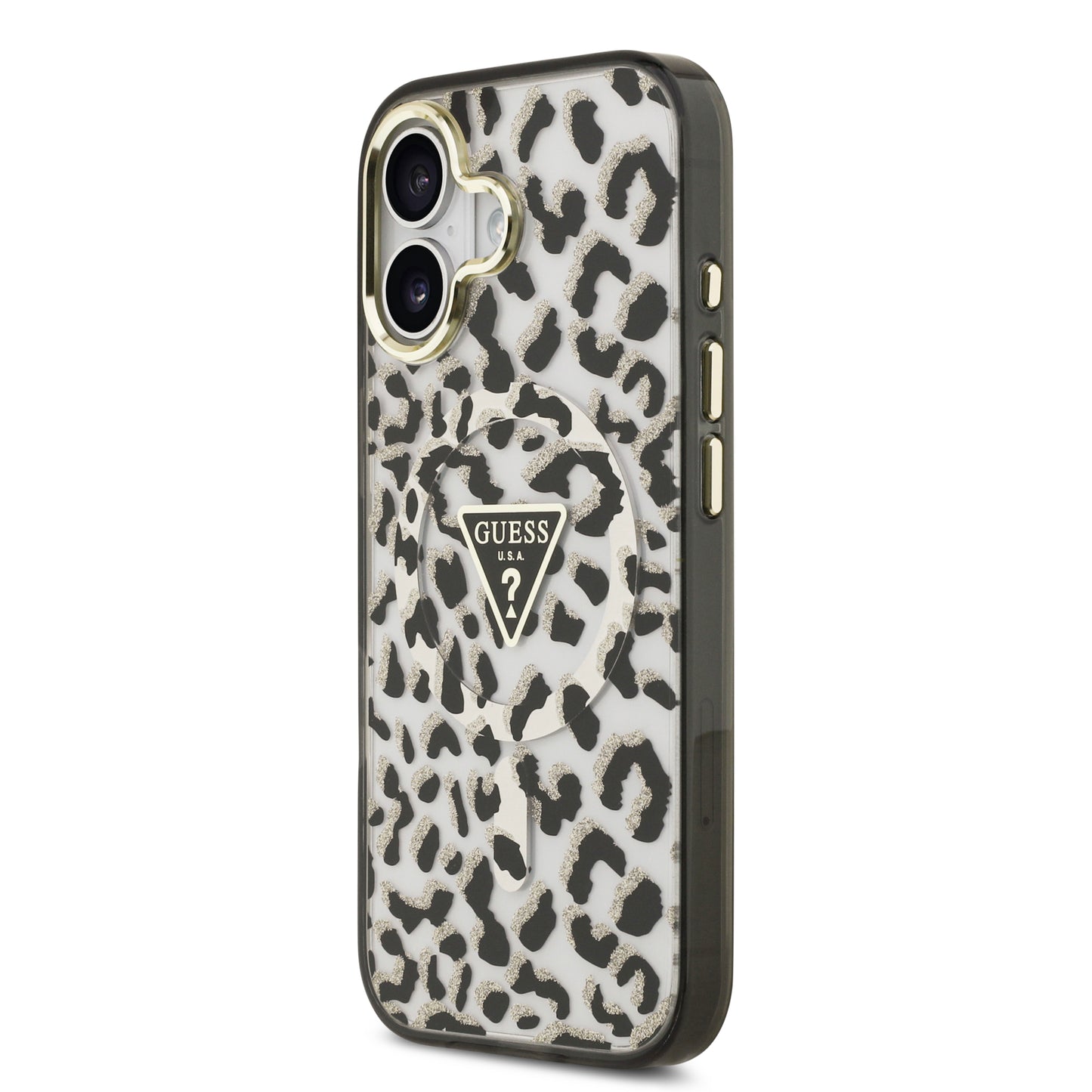 Funda Guess para iPhone 17 Leopard Glitter Edition con Logo Triangular