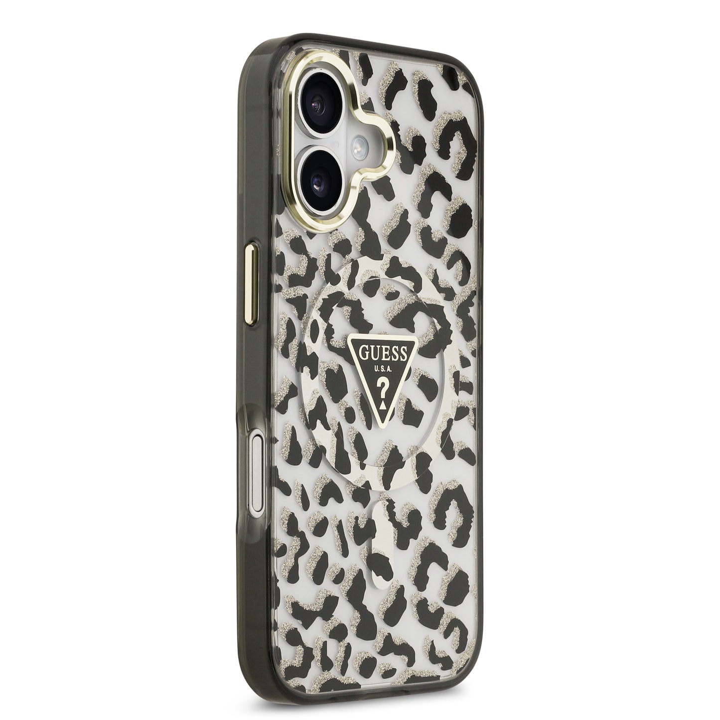 Funda Guess para iPhone 17 Leopard Glitter Edition con Logo Triangular