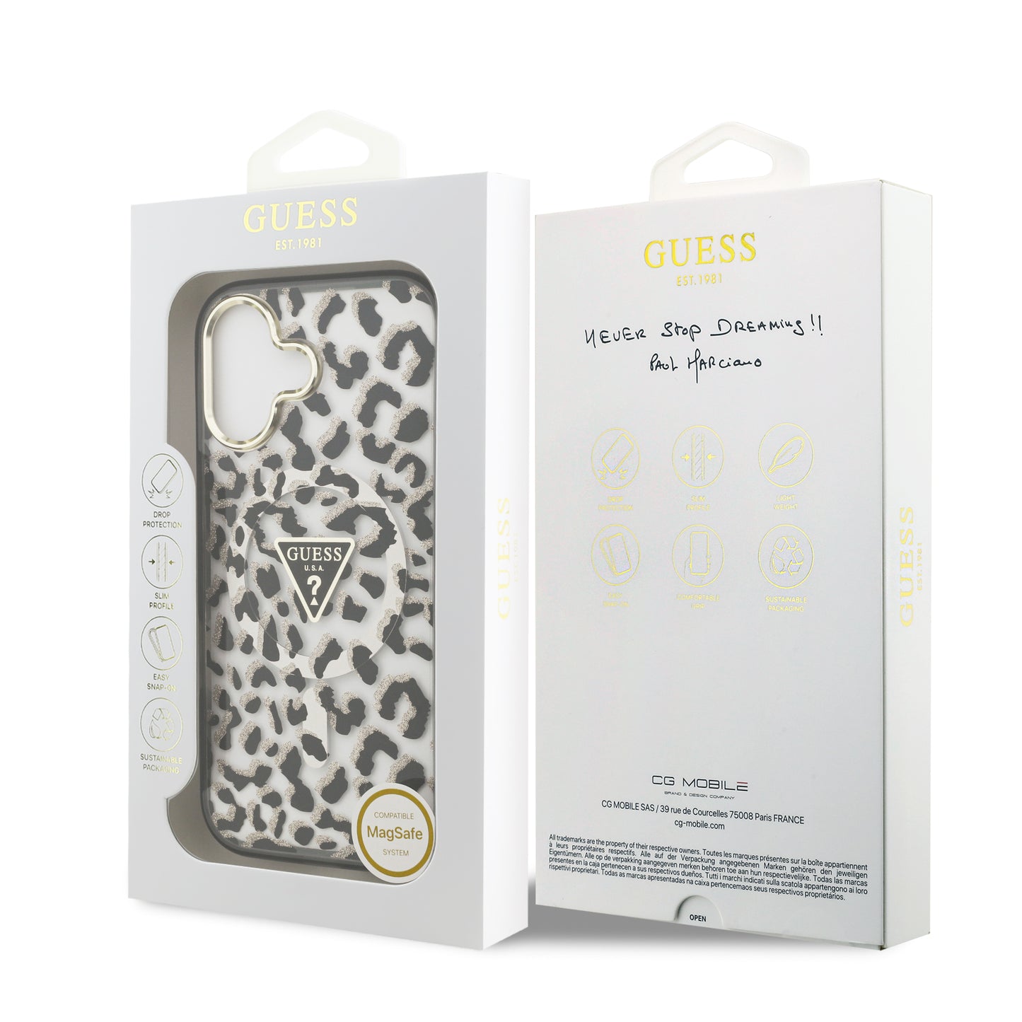 Funda Guess para iPhone 17 Leopard Glitter Edition con Logo Triangular