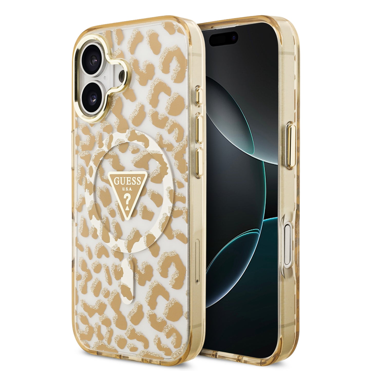 Case Guess Leopard Glitter Edition para iPhone 17 – Funda Brillante Animal Print con Logo Metálico Triangular