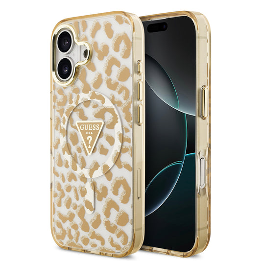 Case Guess Leopard Glitter Edition para iPhone 17 – Funda Brillante Animal Print con Logo Metálico Triangular