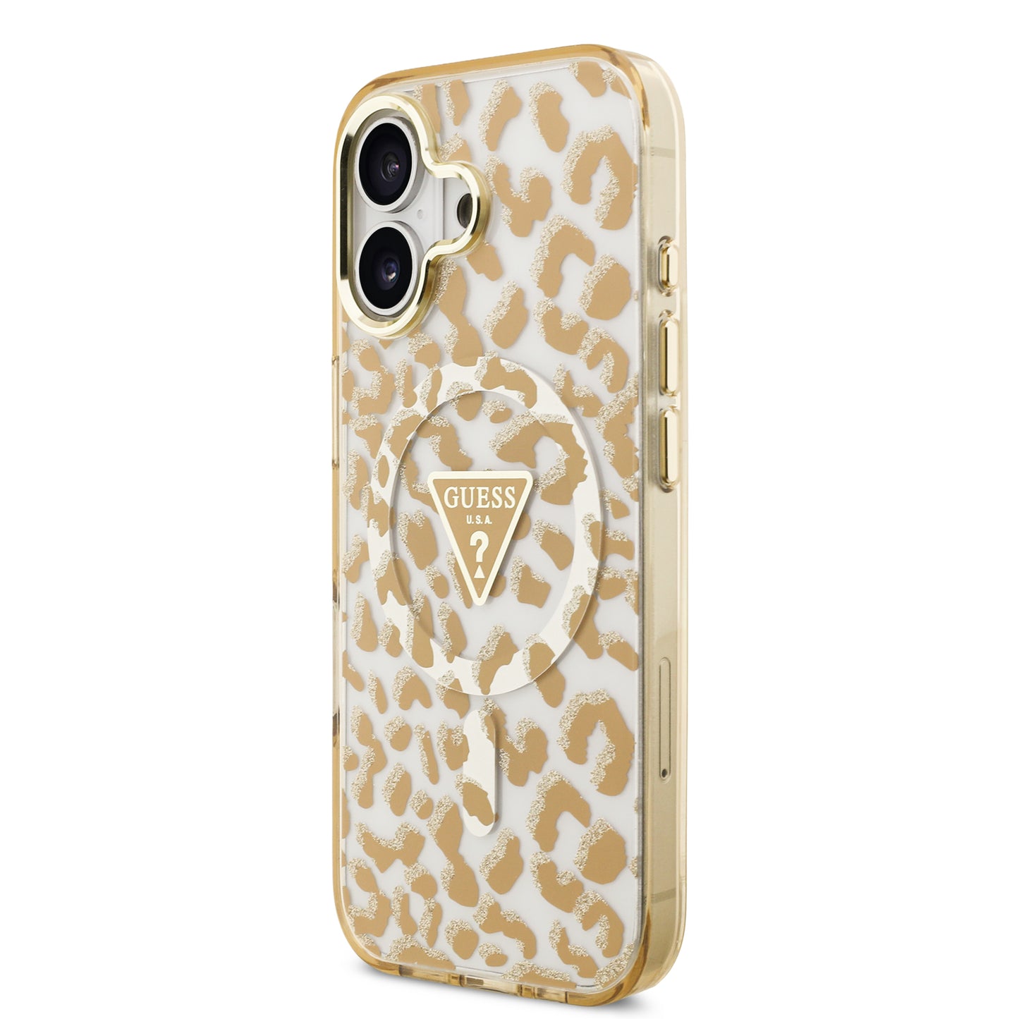 Case Guess Leopard Glitter Edition para iPhone 17 – Funda Brillante Animal Print con Logo Metálico Triangular