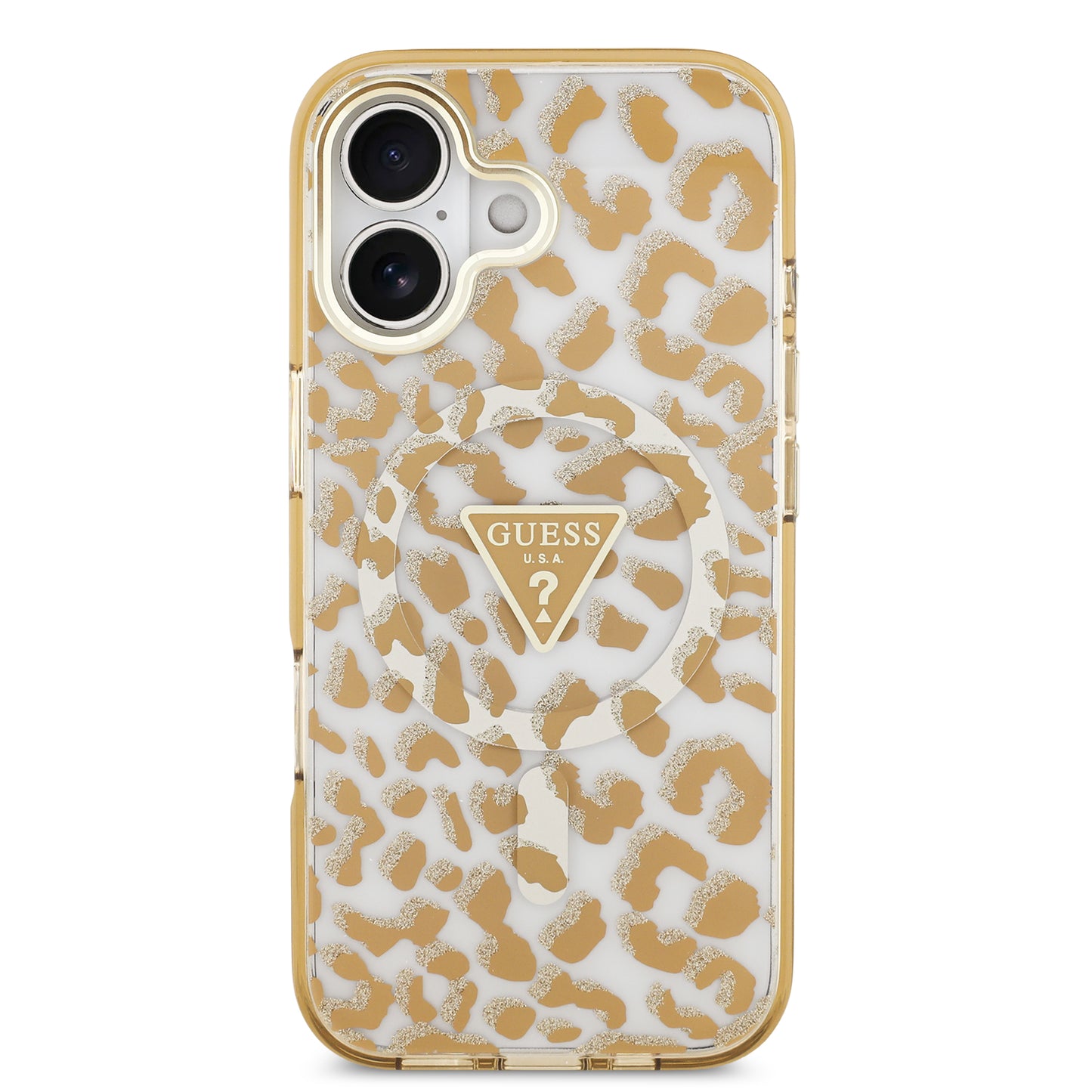 Case Guess Leopard Glitter Edition para iPhone 17 – Funda Brillante Animal Print con Logo Metálico Triangular