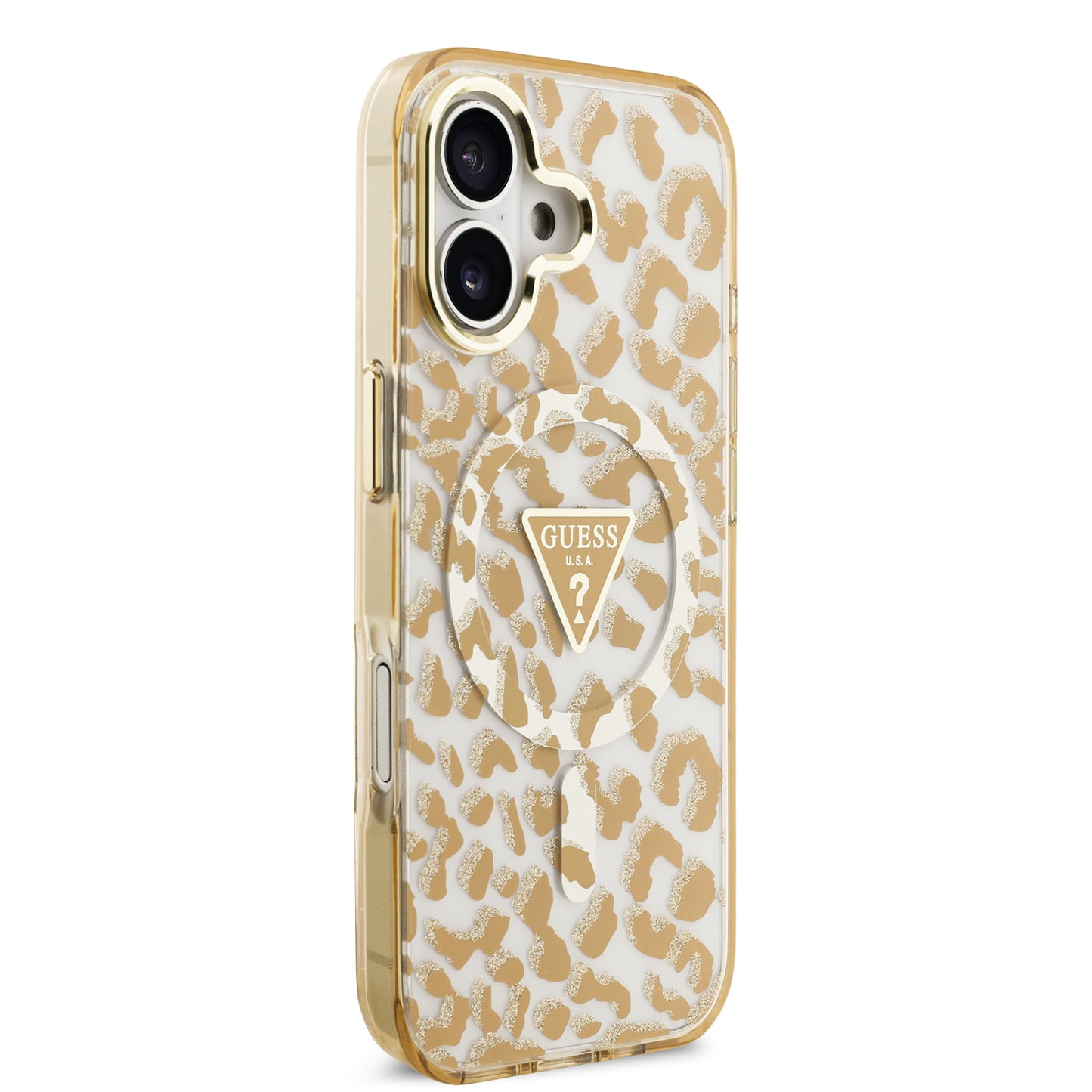 Case Guess Leopard Glitter Edition para iPhone 17 – Funda Brillante Animal Print con Logo Metálico Triangular