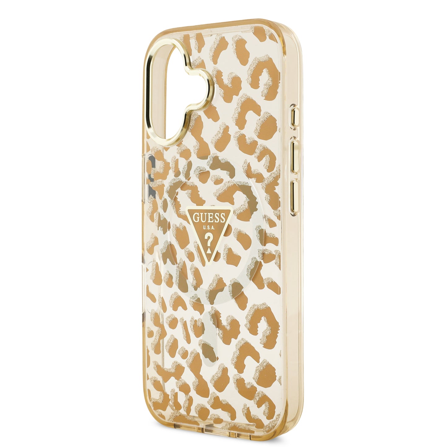 Case Guess Leopard Glitter Edition para iPhone 17 – Funda Brillante Animal Print con Logo Metálico Triangular