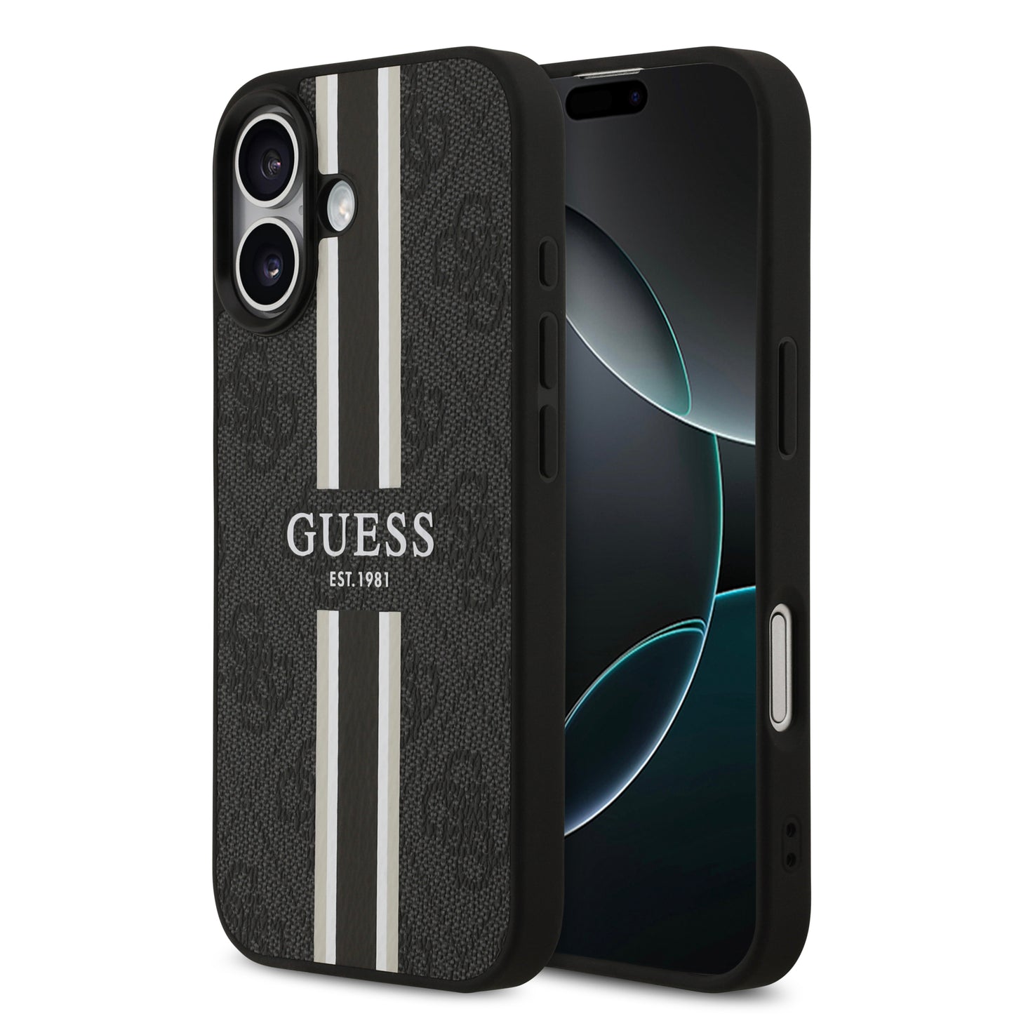 Funda Guess MagSafe de Piel Negra con Franjas y Logotipo 4G para iPhone 17 | Case Original de Lujo
