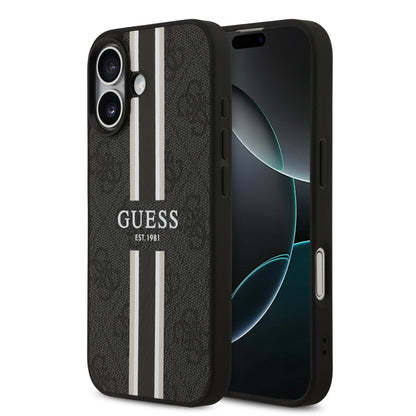 Funda Guess MagSafe de Piel Negra con Franjas y Logotipo 4G para iPhone 17 | Case Original de Lujo