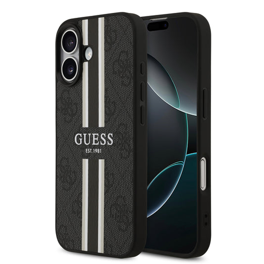 Funda Guess MagSafe de Piel Negra con Franjas y Logotipo 4G para iPhone 17 | Case Original de Lujo