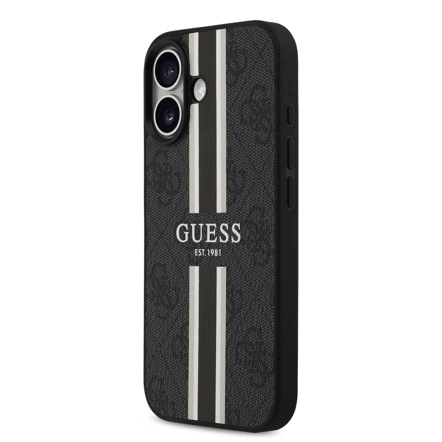 Funda Guess MagSafe de Piel Negra con Franjas y Logotipo 4G para iPhone 17 | Case Original de Lujo
