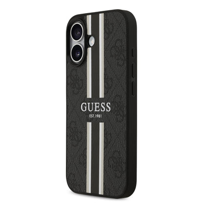 Funda Guess MagSafe de Piel Negra con Franjas y Logotipo 4G para iPhone 17 | Case Original de Lujo