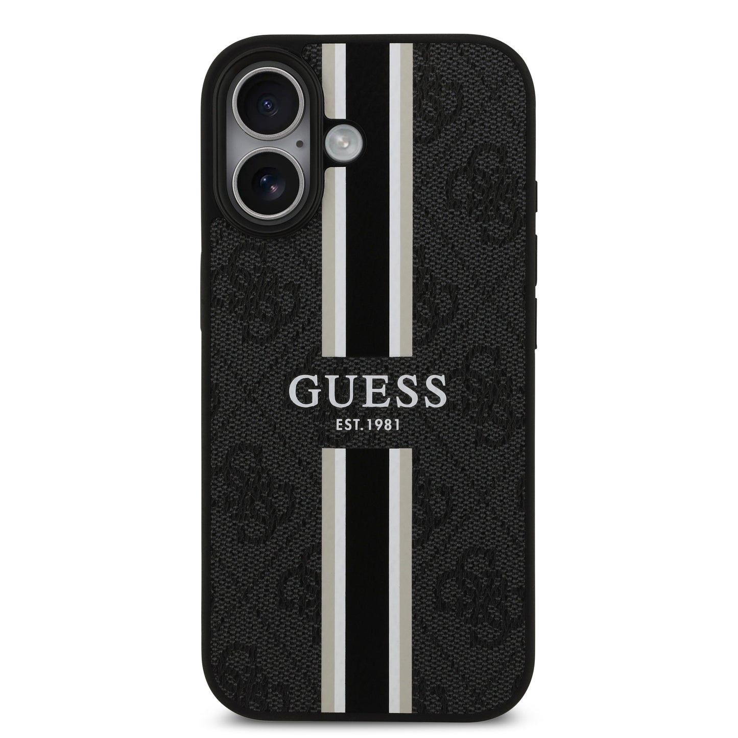 Funda Guess MagSafe de Piel Negra con Franjas y Logotipo 4G para iPhone 17 | Case Original de Lujo